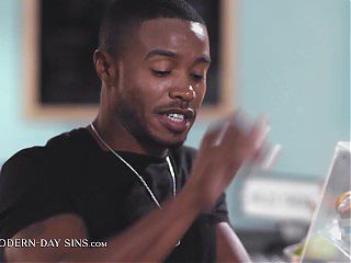 MODERN-DAY SINS - Wife Lets Bi-curious Husband Try His First Dick Bareback! INTERRACIAL THREESOME!